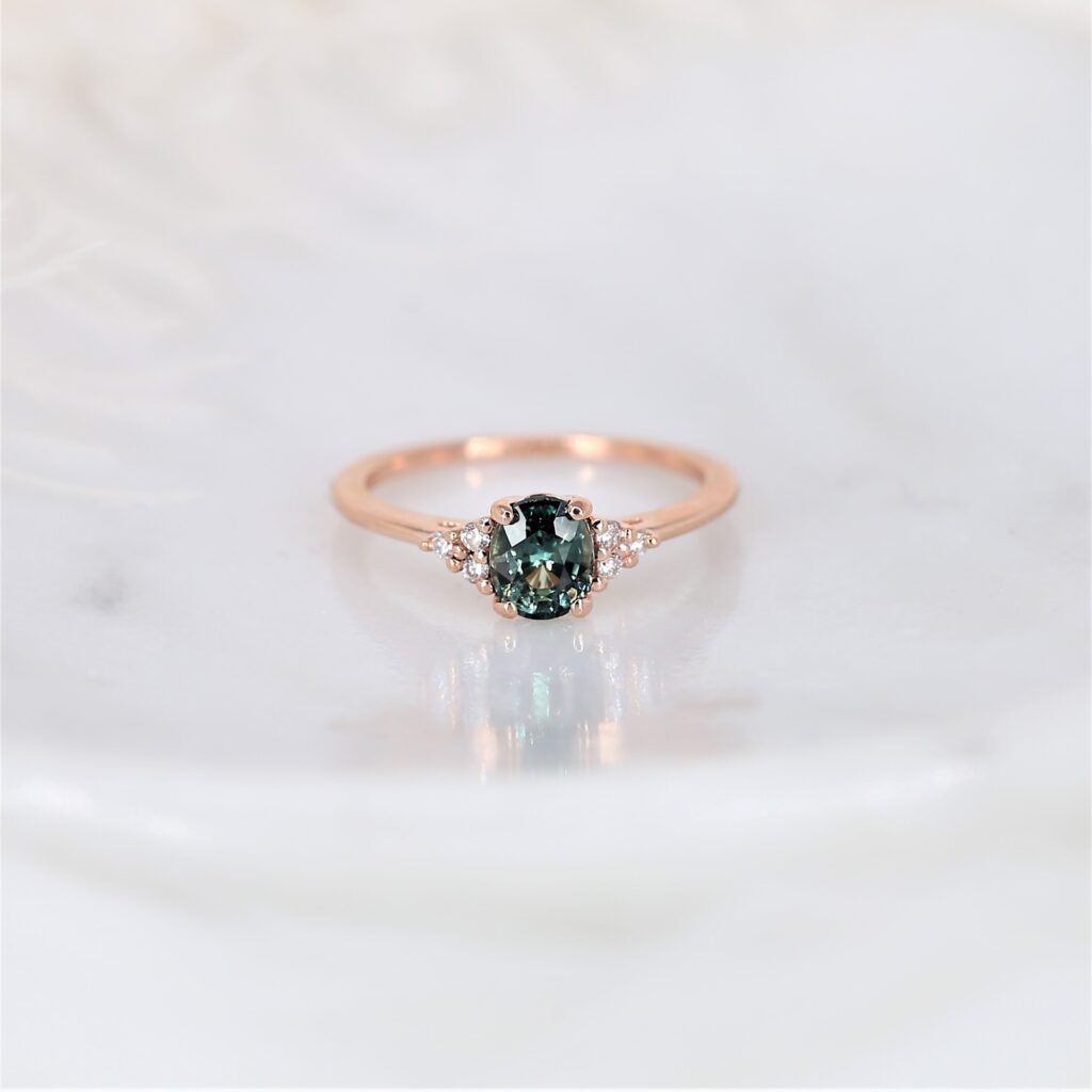 1ct Ready To Ship Juniper 14kt Rose Gold Ocean Teal Sapphire Diamond Dainty Oval Cluster 3 Stone Ring, Rosados Box