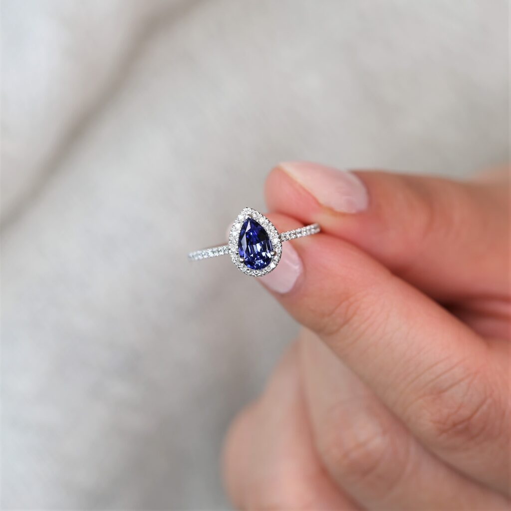 Ready To Ship Tabitha 8x5mm 14kt White Gold Blue Sapphire & Diamond Dainty Pave Pear Halo Engagement Ring