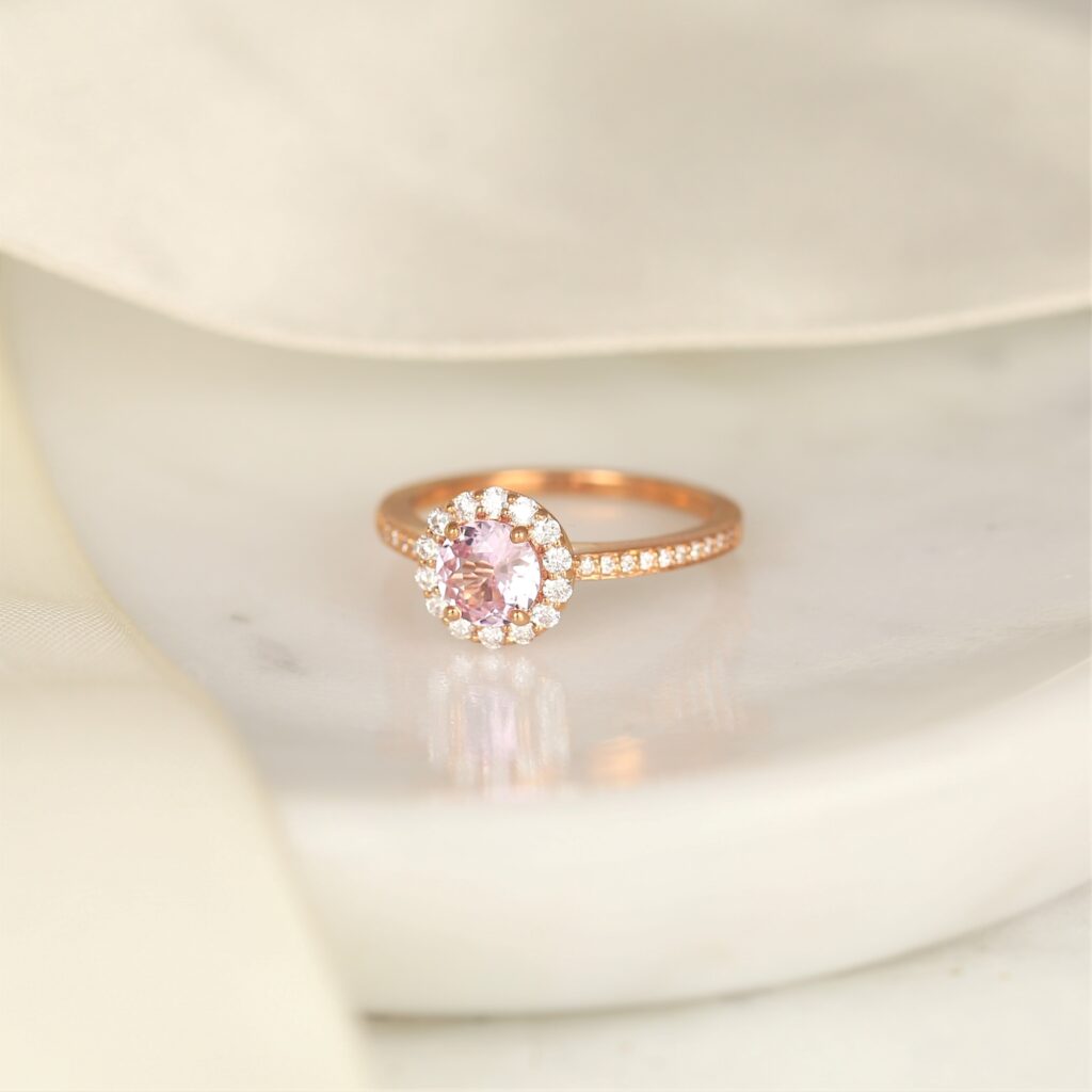 0.80ct Ready To Ship Marisol 14kt Rose Gold Blush Sapphire Diamond Art Deco Open Gallery Round Halo Engagement Ring